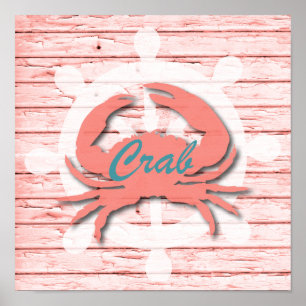 Rustic Nautical Crab On Peeling Wood   Print