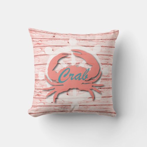 Rustic Nautical Crab On Peeling Wood  Print Throw Pillow