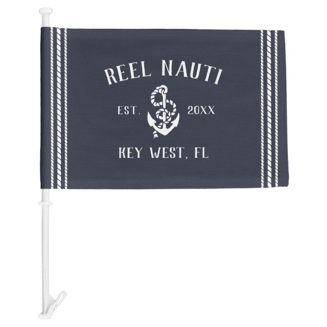 Rustic Nautical Dark Navy Anchor Boat Name Car Flag (Front)