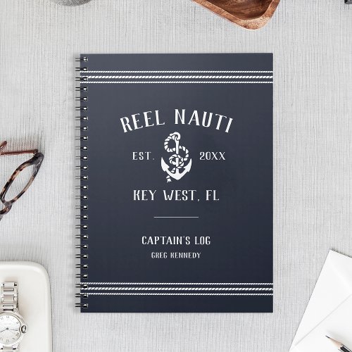 Rustic Nautical Dark Navy Boat Name Captains Log Notebook