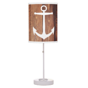 Rustic Nautical Dark Wood Planks & White Anchor Table Lamp