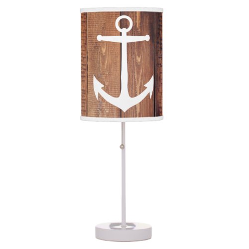 Rustic Nautical Dark Wood Planks  White Anchor Table Lamp