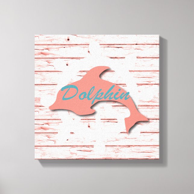 Rustic Nautical Dolphin On Distressed Wood Canvas Print (Front)