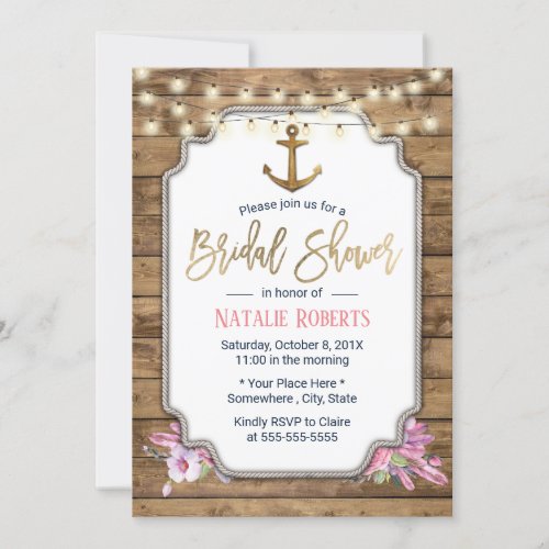 Rustic Nautical Gold Anchor Wooden Bridal Shower Invitation