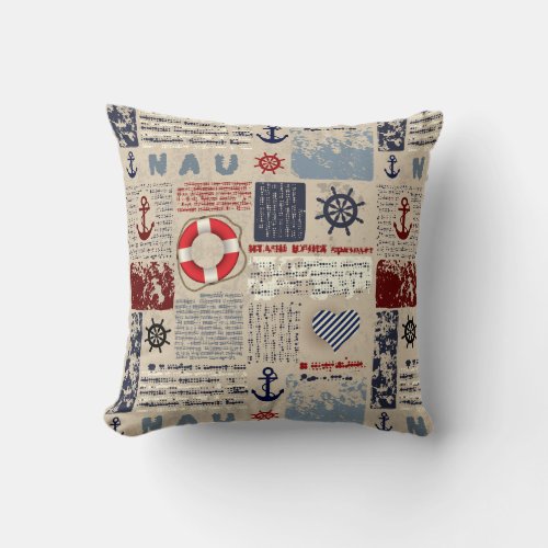 Rustic Nautical Grunge Anchor Wheel Heart Pattern Throw Pillow