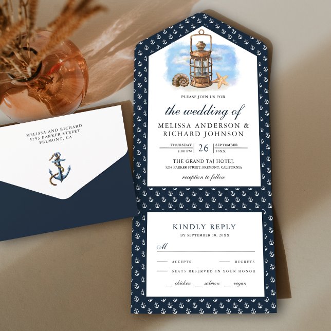 Rustic Nautical Lantern Navy Blue Wedding All In One Invitation (Creator Uploaded)