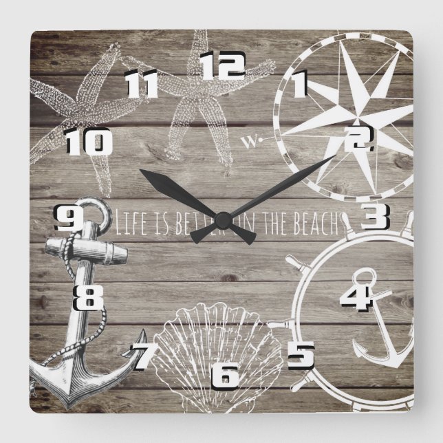 Rustic Nautical Life is Better on The Beach Square Wall Clock (Front)