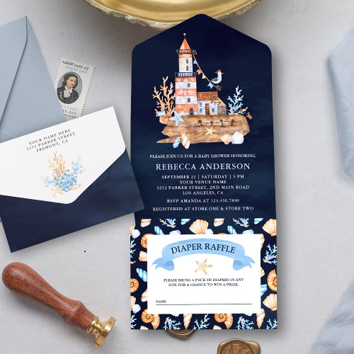 Rustic Nautical Lighthouse Navy Blue Baby Shower All In One Invitation