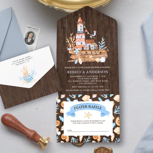 Rustic Nautical Lighthouse Wood Baby Shower All In One Invitation