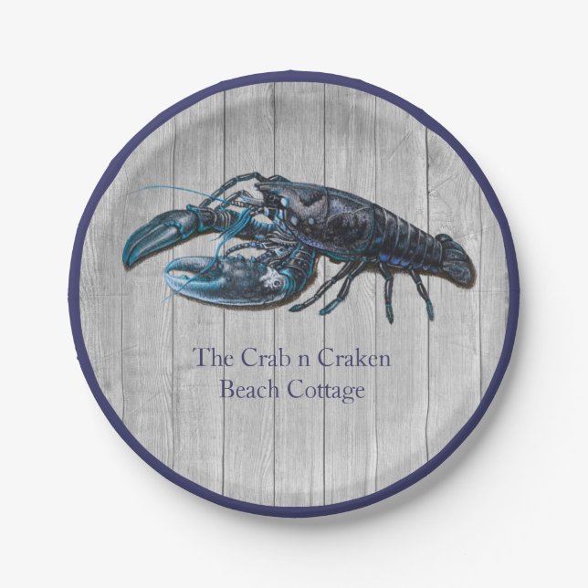 Rustic Nautical Navy lobster Coastal Gray wood Paper Plates (Front)