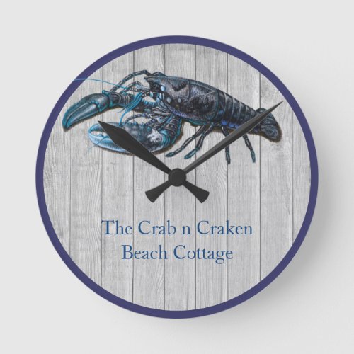 Rustic Nautical Navy lobster Coastal Gray wood  Round Clock