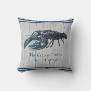 Rustic Nautical Navy lobster Coastal Gray wood Throw Pillow