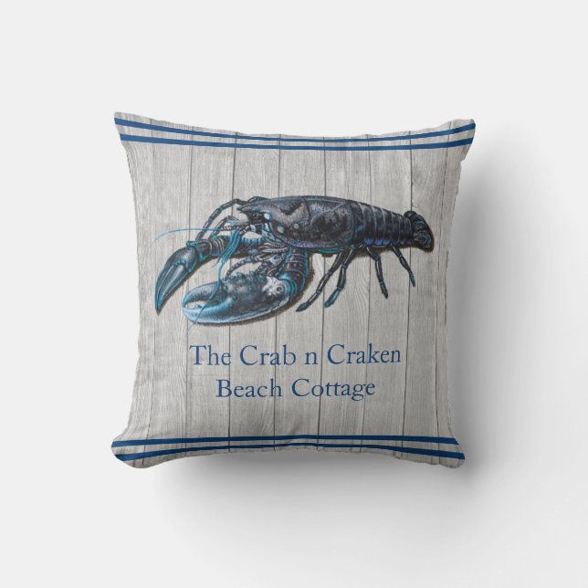Rustic Nautical Navy lobster Coastal Gray wood Throw Pillow (Front)