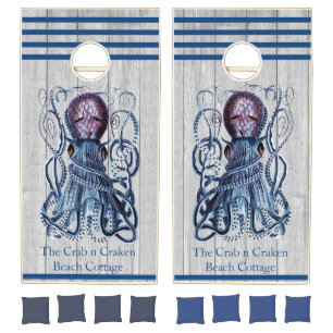 Rustic Nautical Navy Octopus Coastal Gray wood Cornhole Set
