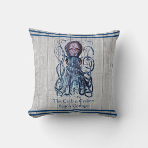 Rustic Nautical Navy Octopus Coastal Gray wood Throw Pillow