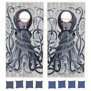 Rustic Nautical Octopus Coastal Gray wood Cornhole Set