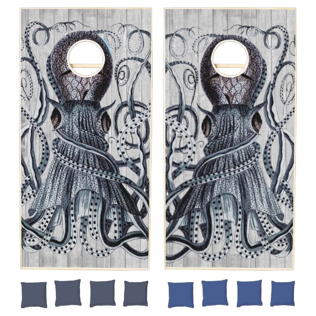 Rustic Nautical Octopus Coastal Gray wood  Cornhole Set (Set)