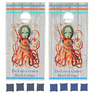 Rustic Nautical Octopus Coral Teal Blue Gray wood Cornhole Set