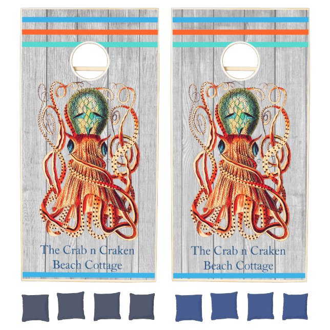 Rustic Nautical Octopus Coral Teal Blue Gray wood Cornhole Set (Set)