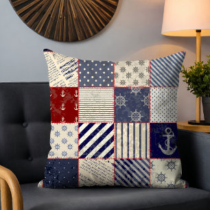 Rustic Nautical Patchwork Stripe Anchor Pattern Throw Pillow