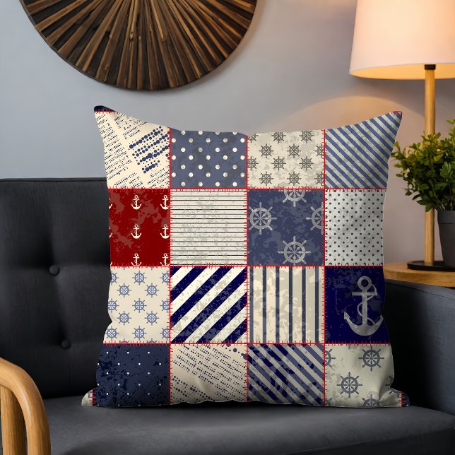 Rustic Nautical Patchwork Stripe Anchor Pattern Throw Pillow (Creator Uploaded)