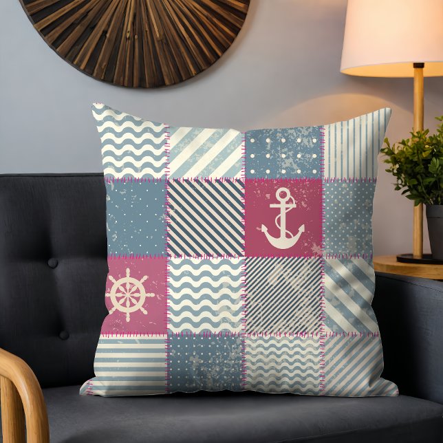 Rustic Nautical Patchwork Stripes Anchor Pattern Throw Pillow (Creator Uploaded)