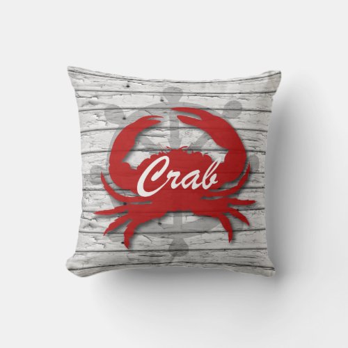 Rustic Nautical Red Crab On Gray Wood Throw Pillow