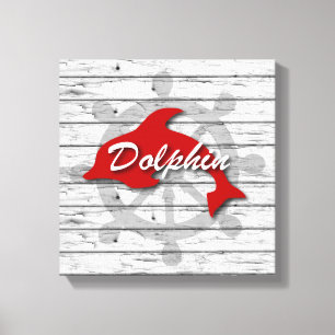 Rustic Nautical Red Dolphin On Distressed Wood Canvas Print
