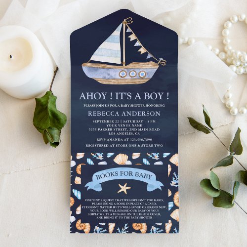 Rustic Nautical Sailboat Navy Blue Baby Shower All In One Invitation
