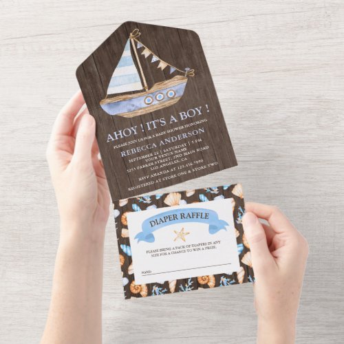 Rustic Nautical Sailboat Wood Baby Shower All In One Invitation