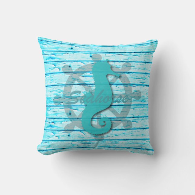 Rustic Nautical Seahorse On Weathered Teal Wood Throw Pillow (Front)