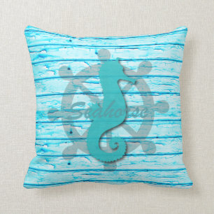 Rustic Nautical Seahorse On Weathered Teal Wood Throw Pillow