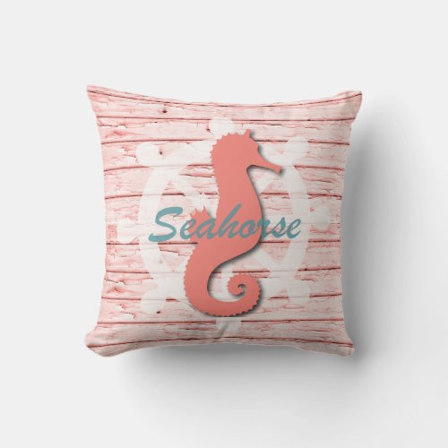Rustic Nautical Seahorse On Weathered Wood Throw Pillow