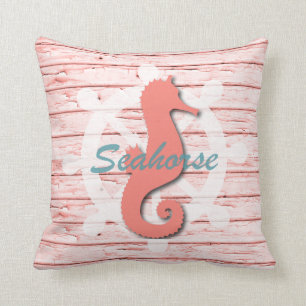Rustic Nautical Seahorse On Weathered Wood Throw Pillow