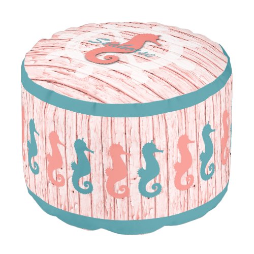 Rustic Nautical Seahorses _ Coral and Teal Pouf