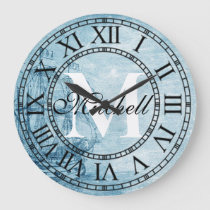 Rustic Nautical Vintage Ship Monogram Large Clock