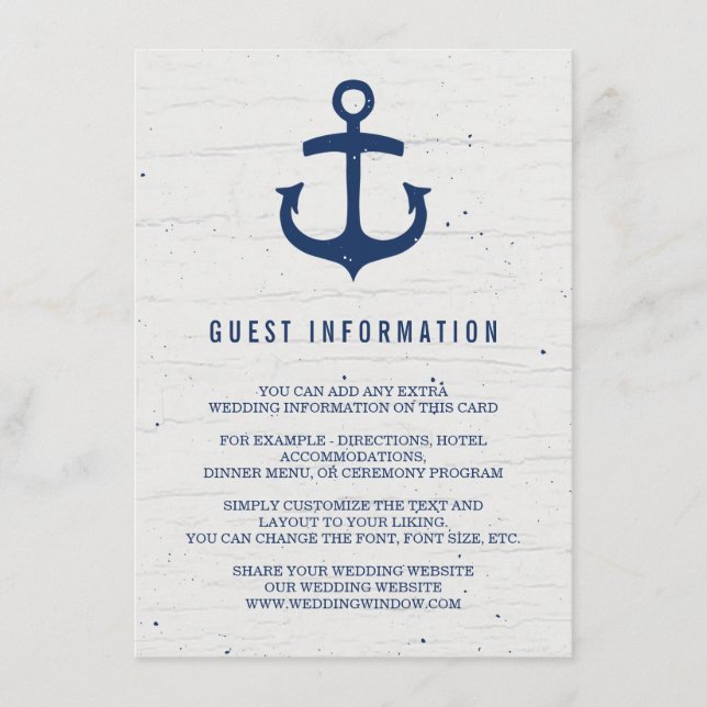 Rustic Nautical Wedding Insert Card / Navy (Front)