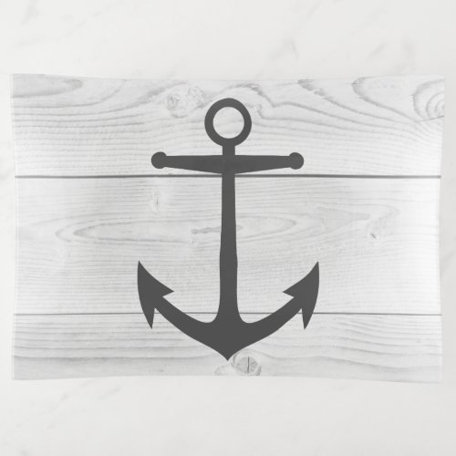 Rustic Nautical White Wood Planks  Gray Anchor Trinket Tray