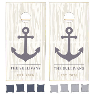 Rustic Nautical Wood Anchor Custom Family Name Est Cornhole Set