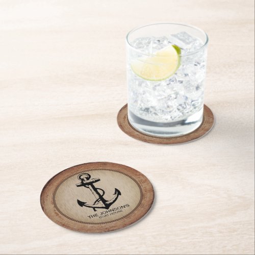 Rustic Nautical Wood and Anchor Round Paper Coaster