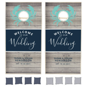 Rustic Nautical Wood Navy Teal Wedding Monogram Cornhole Set