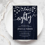 Rustic Navy 80th Birthday Party Invitation<br><div class="desc">Rustic Wood 80th Birthday Party Invitation. Black & white milestone bday invite with navy wood pattern. Features fairy string lights and modern hand style lettering script font "eightly". Perfect for men's or women's adult eightieth birthday celebration.</div>