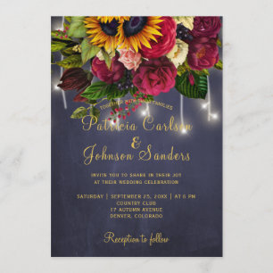 Rustic navy and burgundy winter floral wedding invitation
