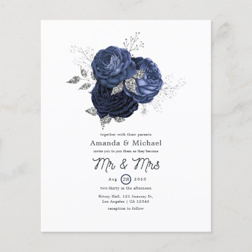 Rustic Navy and Faux Glitter Silver Floral Wedding Flyer