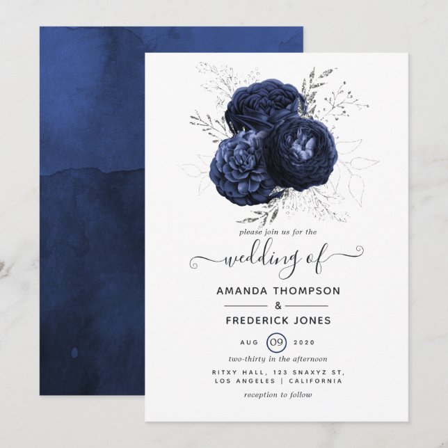 Rustic Navy and Faux Glitter Silver Floral Wedding Invitation (Front/Back)