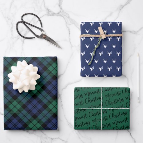 Rustic Navy and Green Watch Plaid Merry Christmas Wrapping Paper Sheets