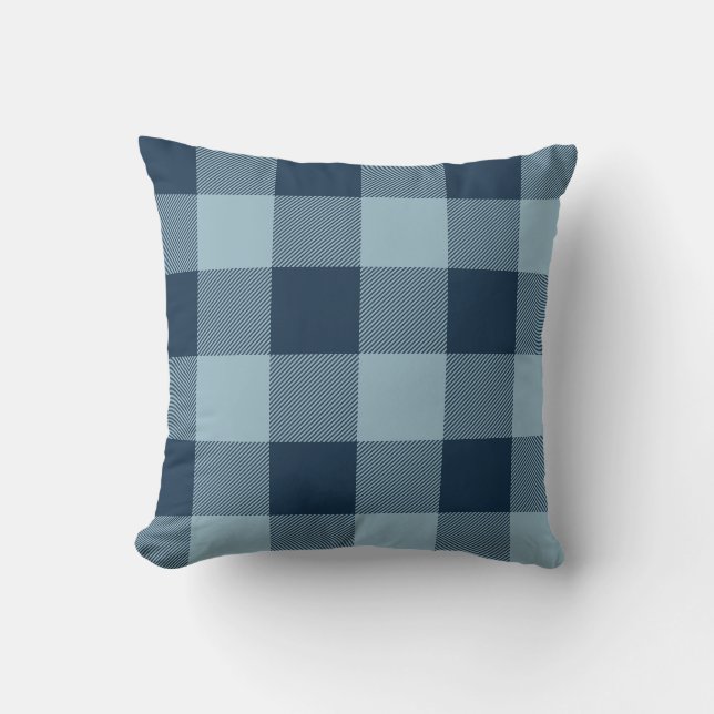 Rustic Navy and Light Blue Buffalo Check Plaid Throw Pillow (Front)