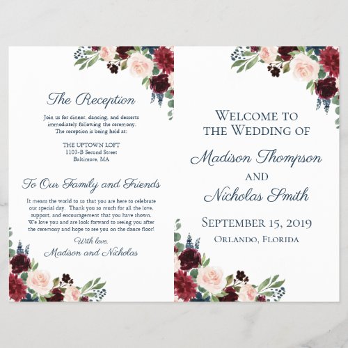 Rustic Navy and Marsala Floral Wedding Programs Flyer