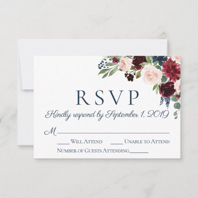 Rustic Navy and Marsala Floral Wedding RSVP Cards (Front)