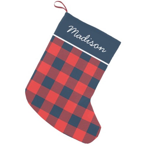 Rustic Navy and Red Buffalo Check Monogram Small Christmas Stocking